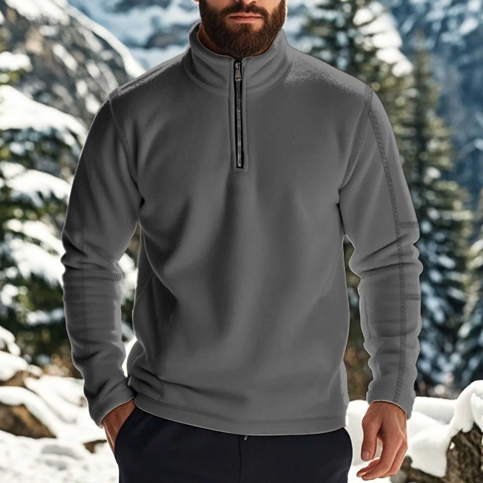 Men's fleece lined solid colour long sleeve pullover sweatshirt in light blue, front view, loose fit for casual winter wear