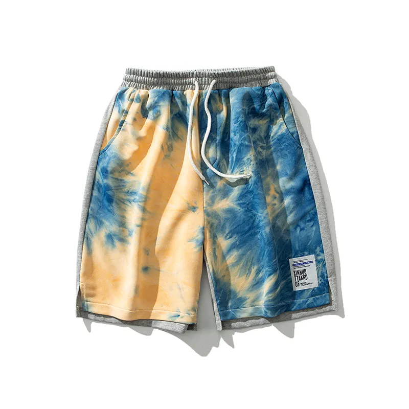 Men's tie-dye drawstring loose fit summer shorts in grey, cotton blend five-point pants
