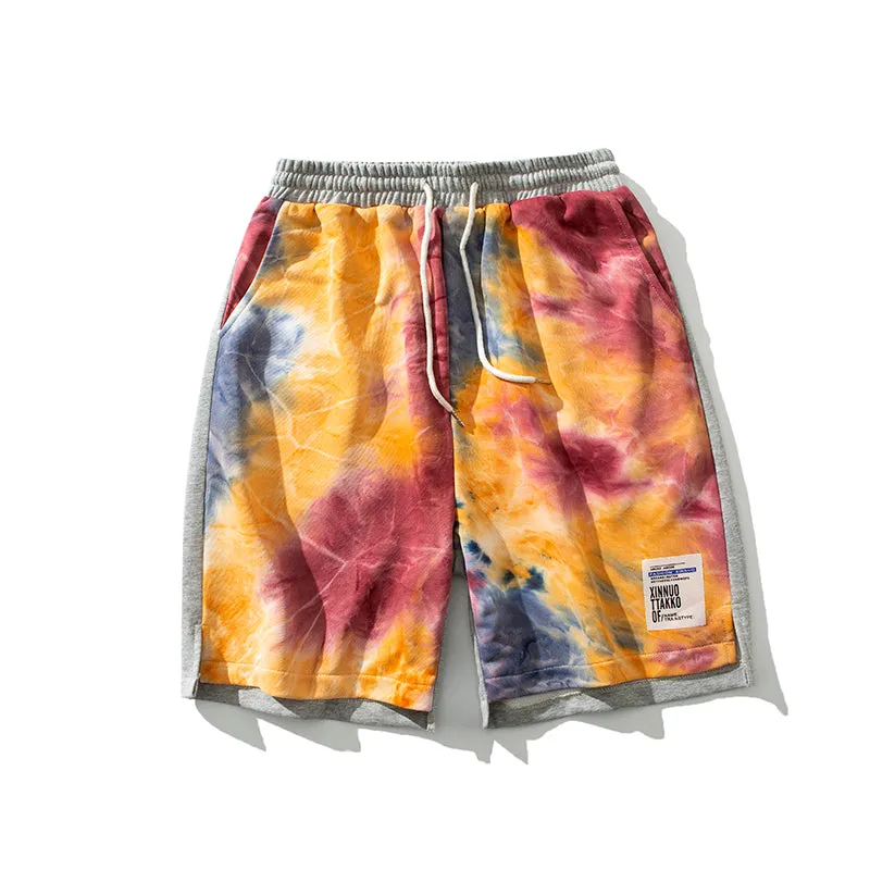 Men's tie-dye drawstring loose fit summer shorts in grey, cotton blend five-point pants