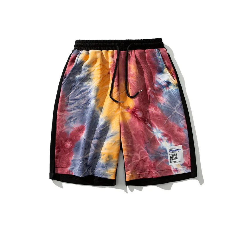 Men's tie-dye drawstring loose fit summer shorts in grey, cotton blend five-point pants