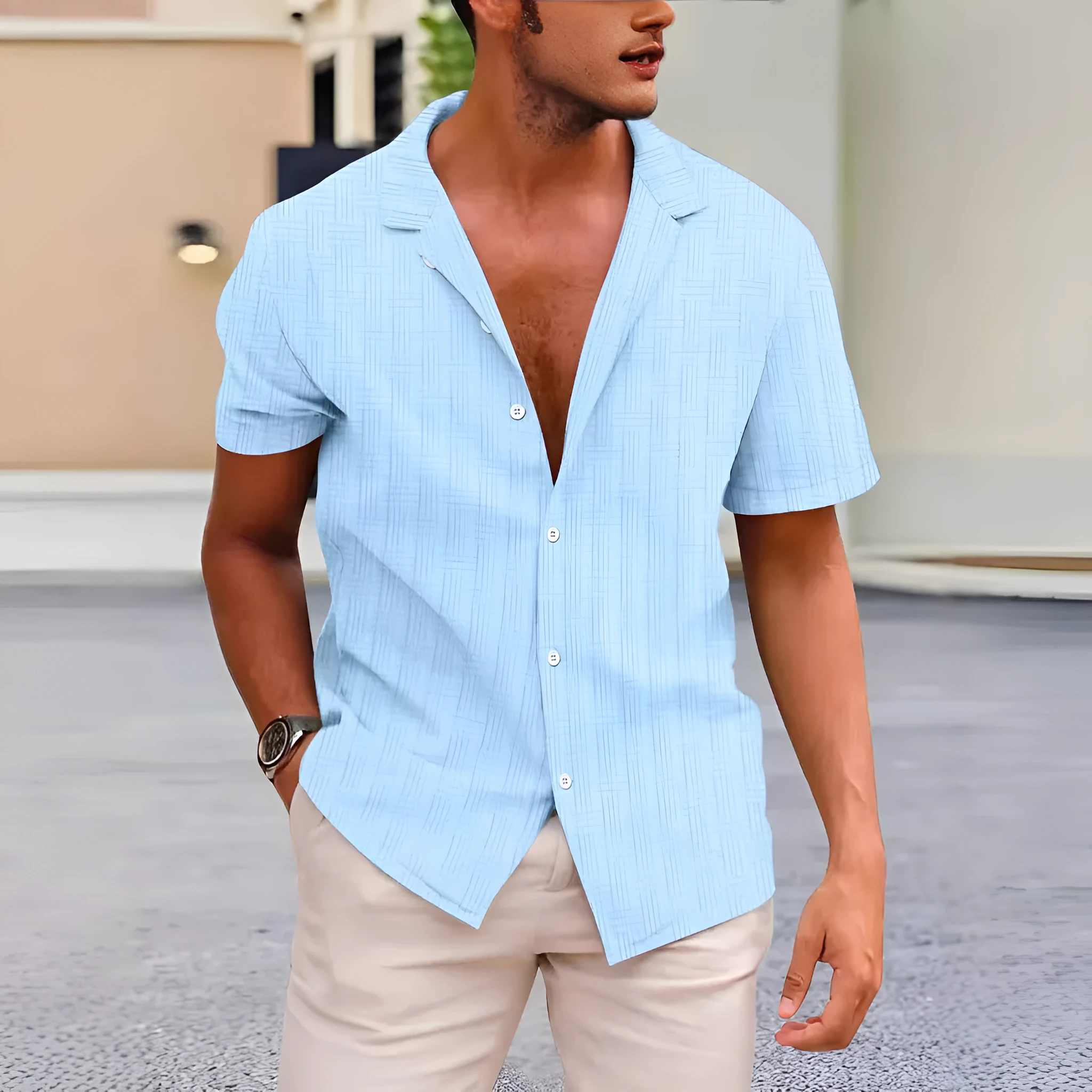 Summer lapels solid colour button-down corduroy shirt for men in apricot, short sleeves, regular fit, British style