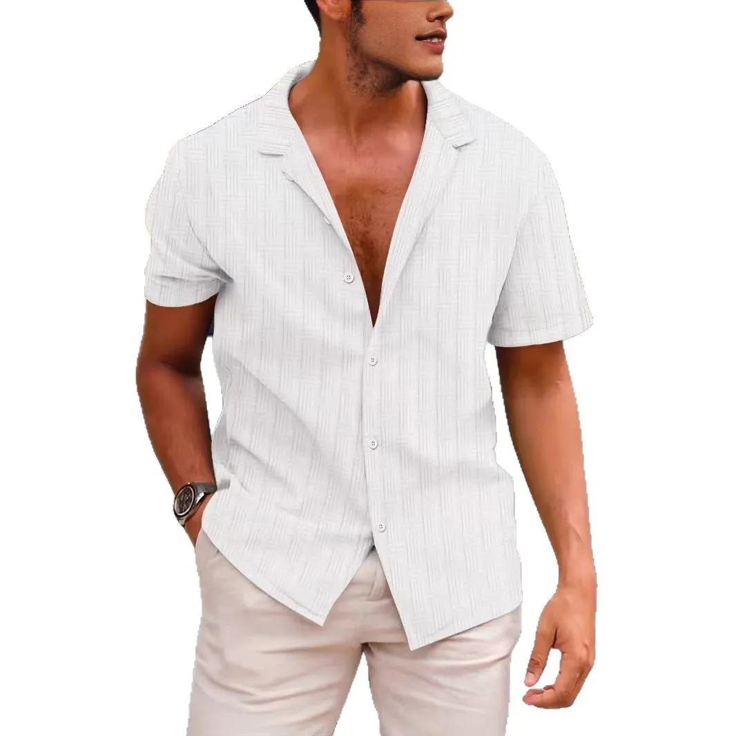 Summer lapels solid colour button-down corduroy shirt for men in apricot, short sleeves, regular fit, British style