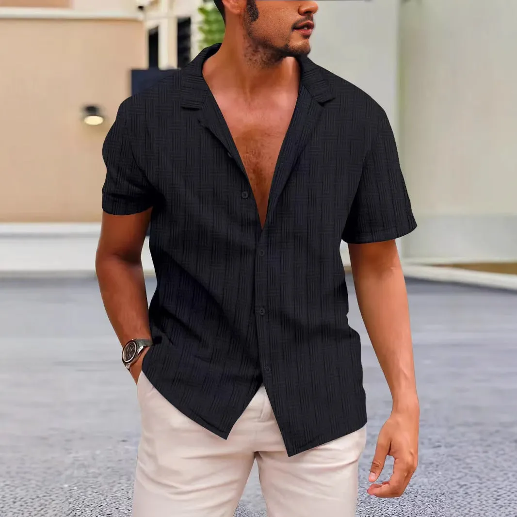 Summer lapels solid colour button-down corduroy shirt for men in apricot, short sleeves, regular fit, British style