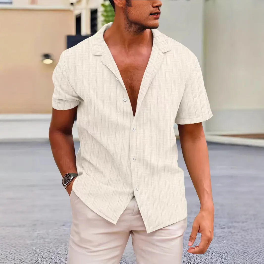 Summer lapels solid colour button-down corduroy shirt for men in apricot, short sleeves, regular fit, British style