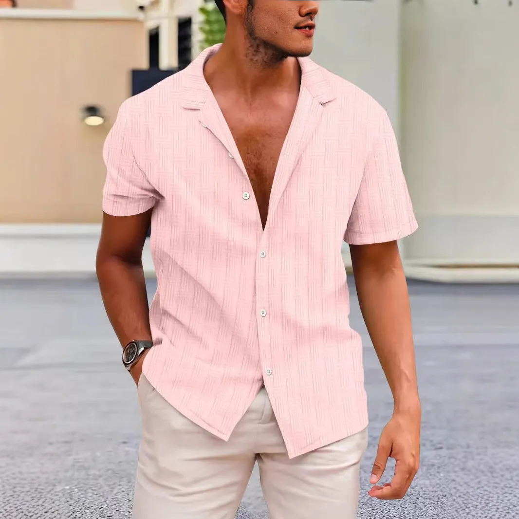 Summer lapels solid colour button-down corduroy shirt for men in apricot, short sleeves, regular fit, British style