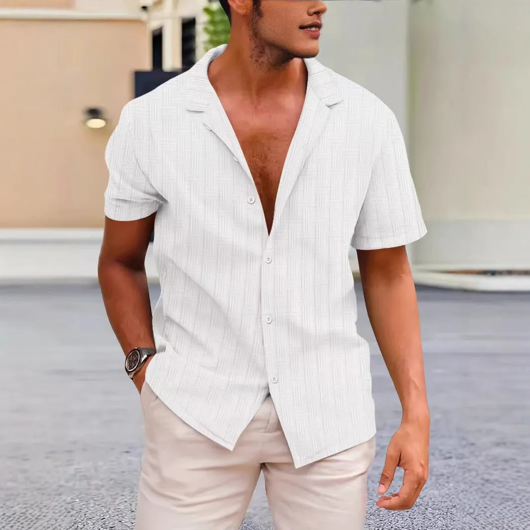 Summer lapels solid colour button-down corduroy shirt for men in apricot, short sleeves, regular fit, British style