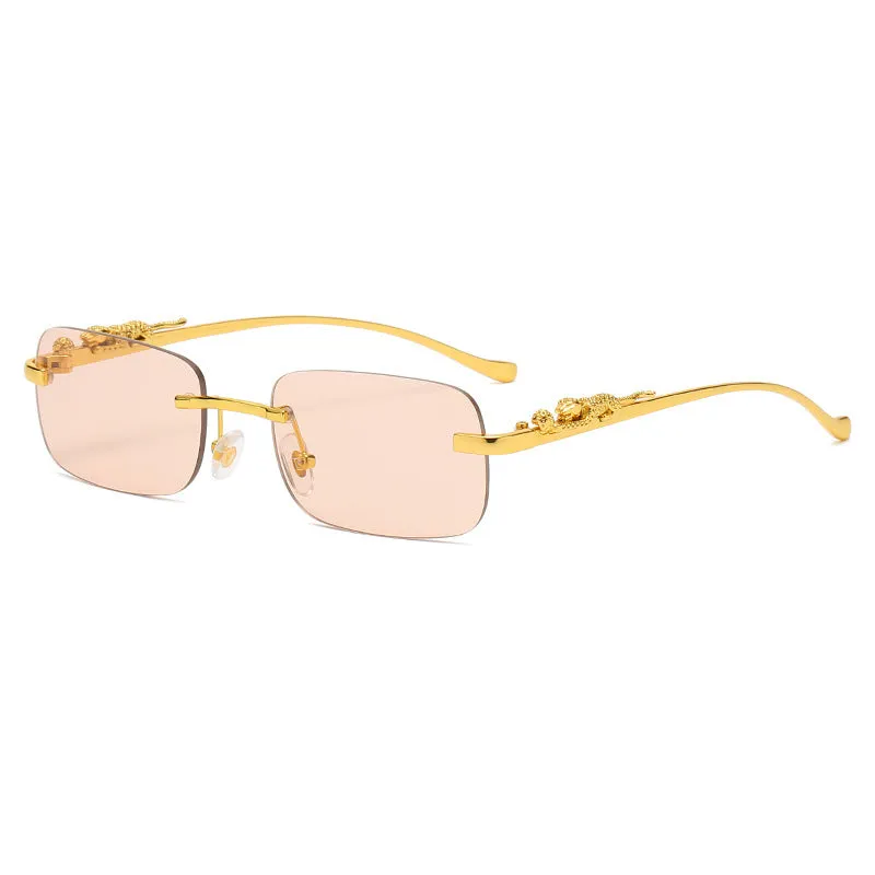 Gold metal leopard head frameless square sunglasses with pink PC lenses on a white background