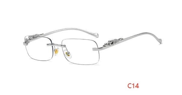 Gold metal leopard head frameless square sunglasses with pink PC lenses on a white background
