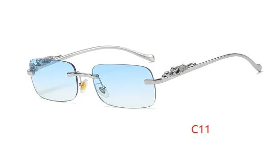 Gold metal leopard head frameless square sunglasses with pink PC lenses on a white background