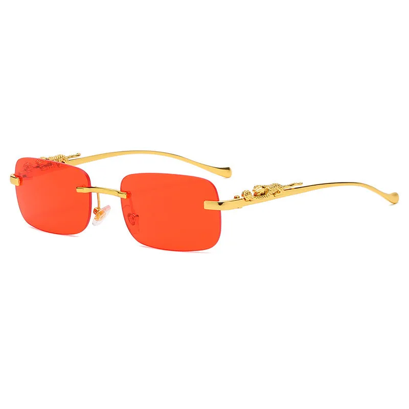 Gold metal leopard head frameless square sunglasses with pink PC lenses on a white background