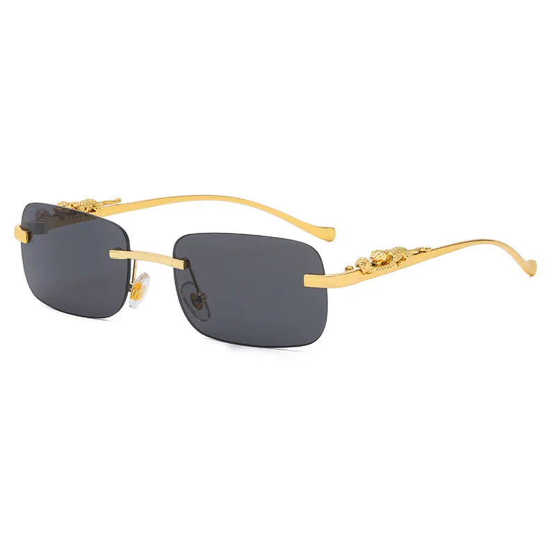 Gold metal leopard head frameless square sunglasses with pink PC lenses on a white background