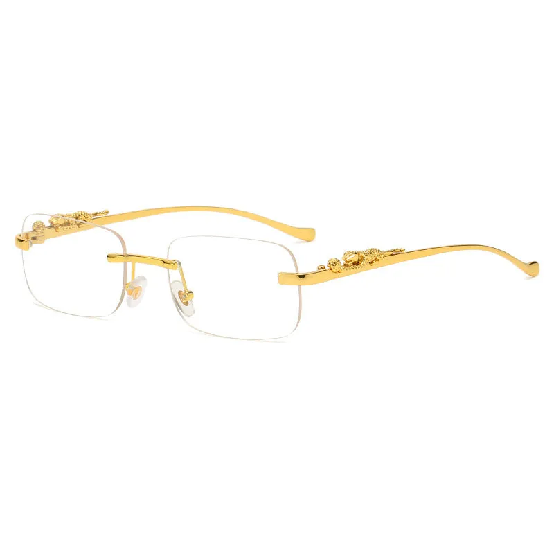 Gold metal leopard head frameless square sunglasses with pink PC lenses on a white background