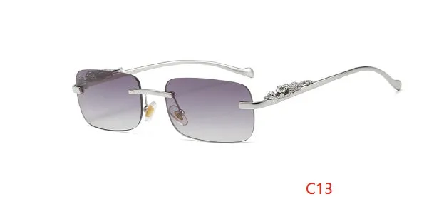 Gold metal leopard head frameless square sunglasses with pink PC lenses on a white background
