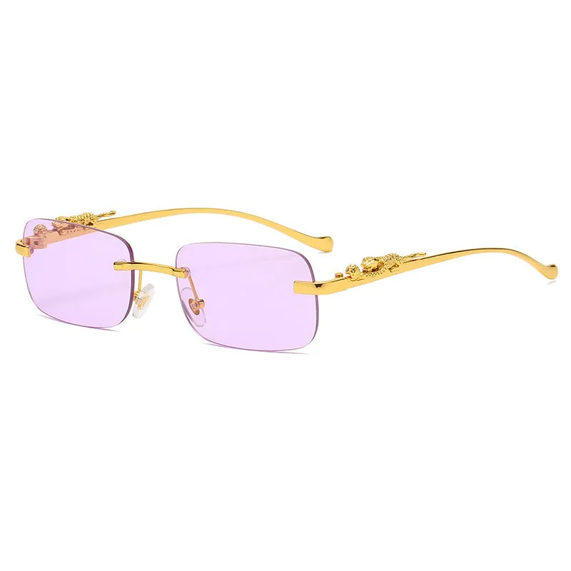 Gold metal leopard head frameless square sunglasses with pink PC lenses on a white background