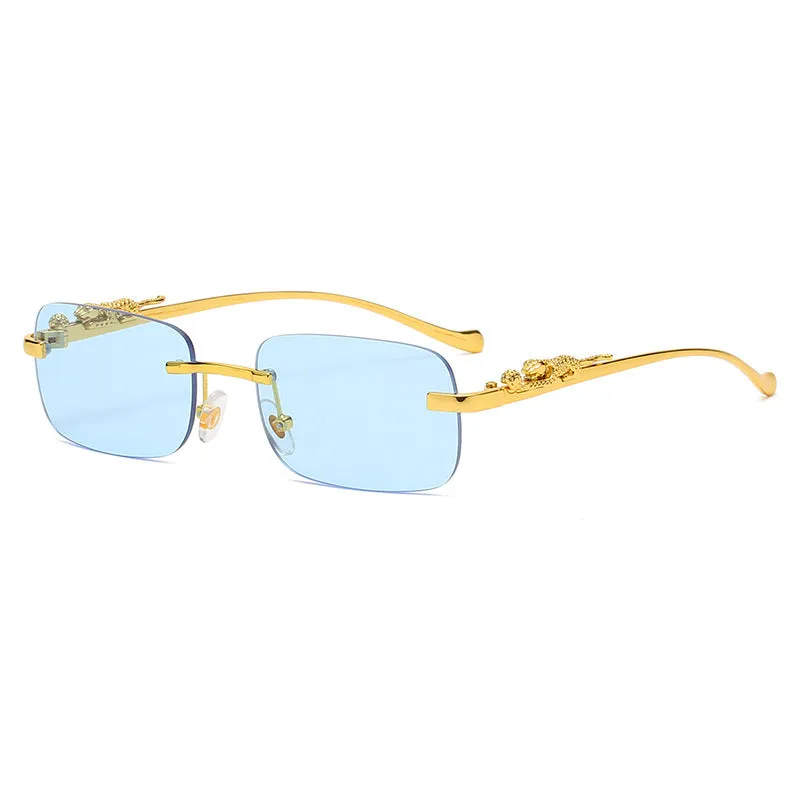 Gold metal leopard head frameless square sunglasses with pink PC lenses on a white background