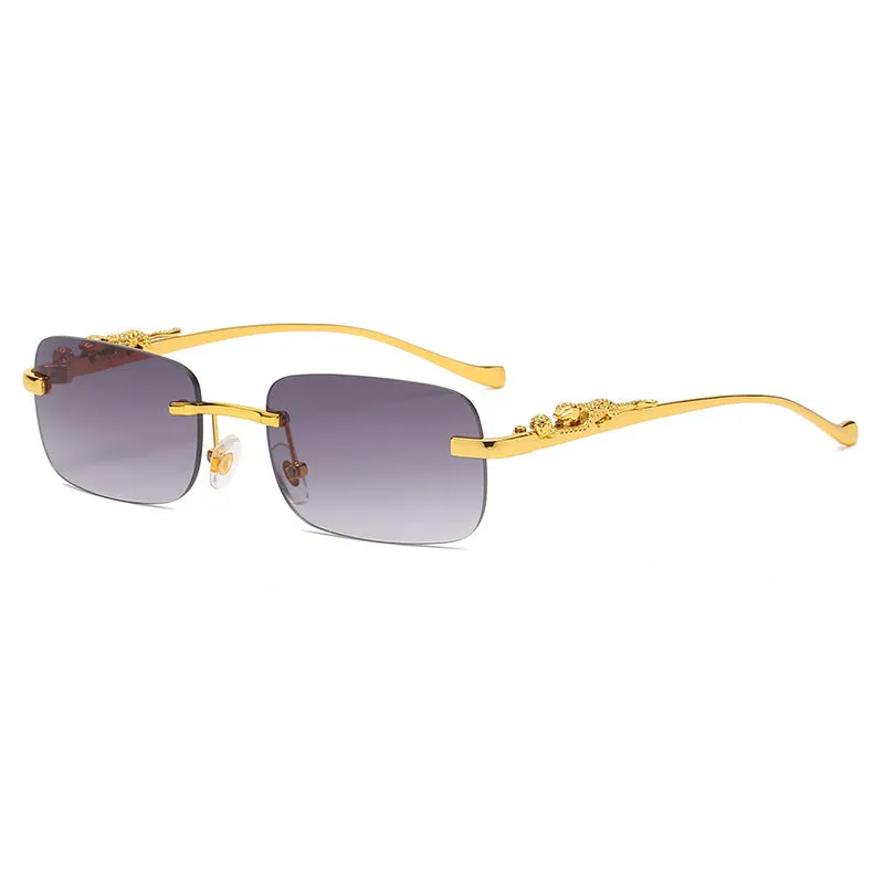 Gold metal leopard head frameless square sunglasses with pink PC lenses on a white background