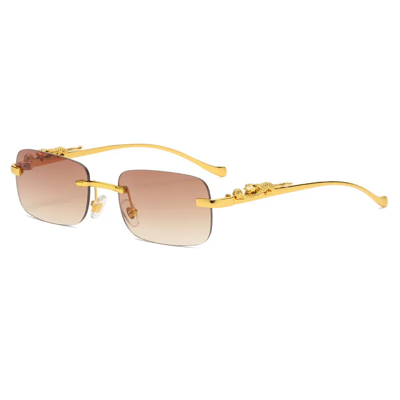 Gold metal leopard head frameless square sunglasses with pink PC lenses on a white background