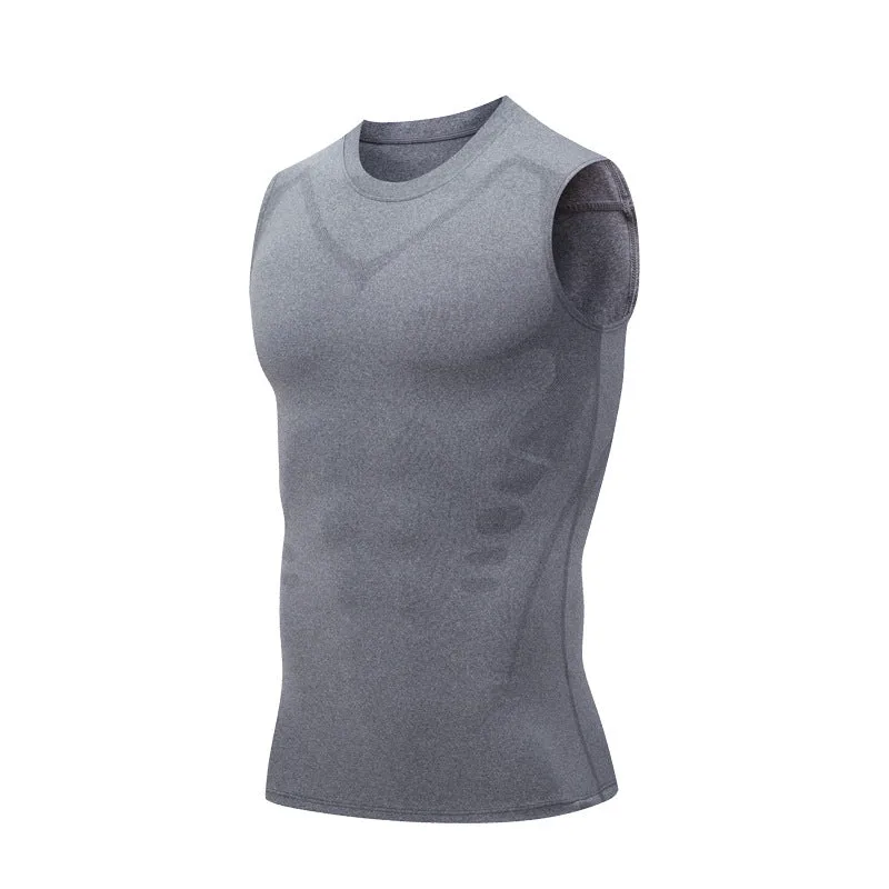 Men's quick-drying breathable slim fit workout vest in white, black, and grey for running and fitness