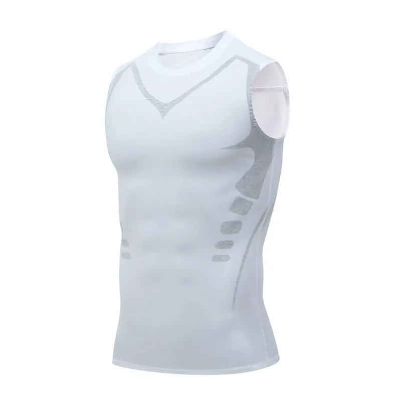 Men's quick-drying breathable slim fit workout vest in white, black, and grey for running and fitness