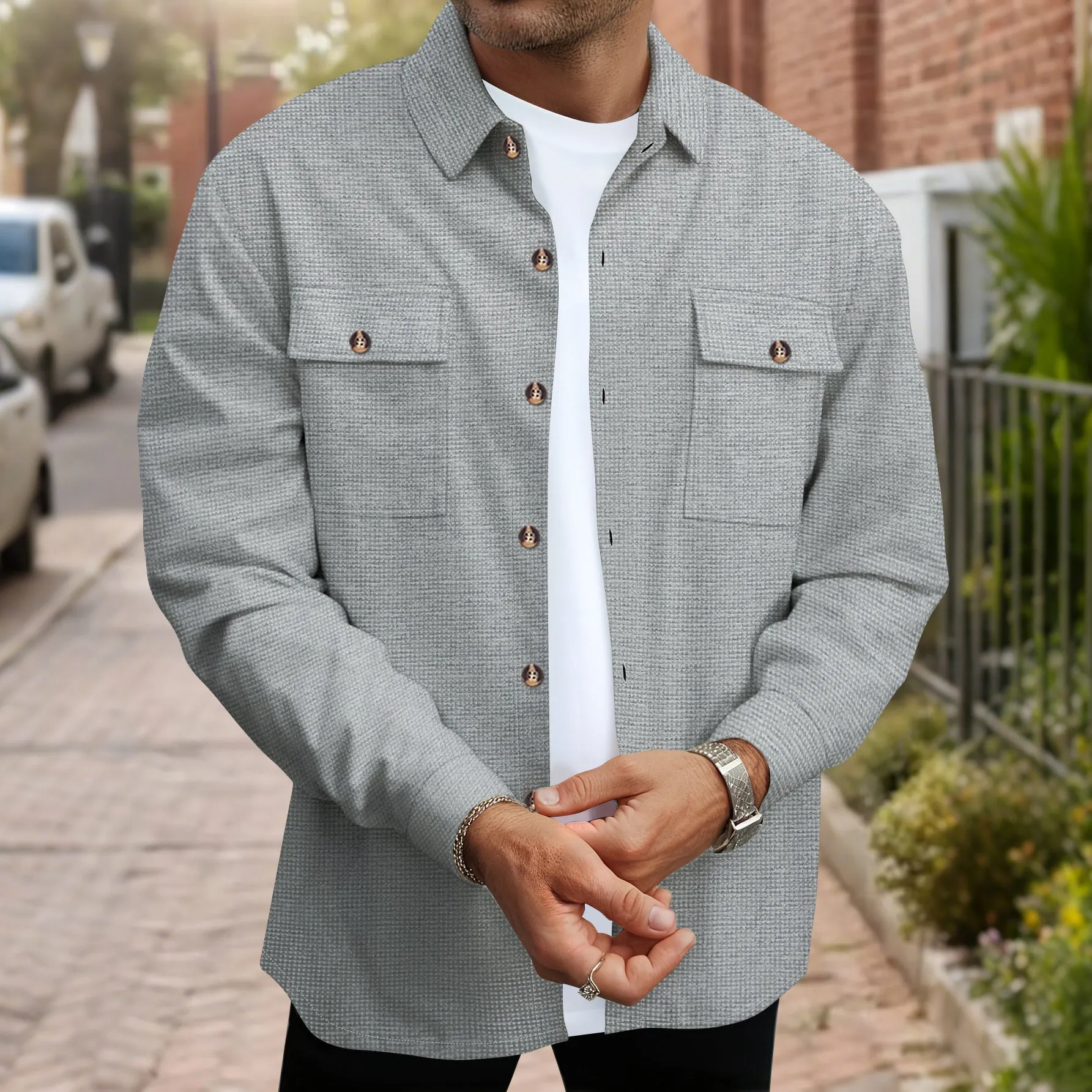 Men's solid colour waffle double pocket button-up long sleeve casual shirt in khaki