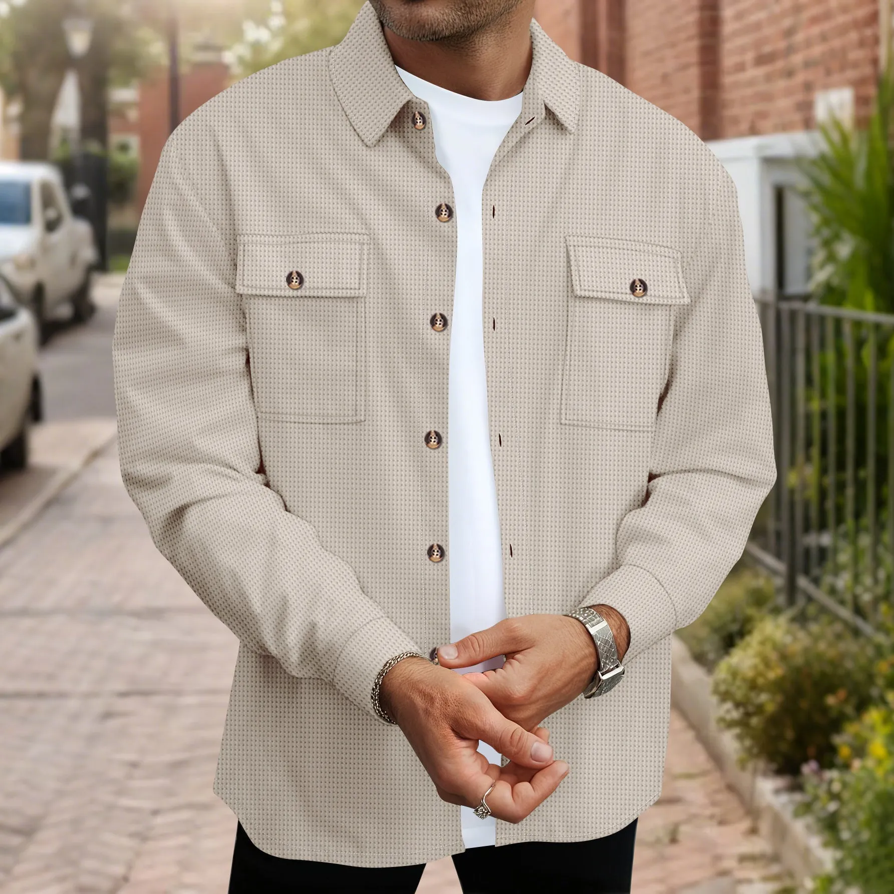Men's solid colour waffle double pocket button-up long sleeve casual shirt in khaki
