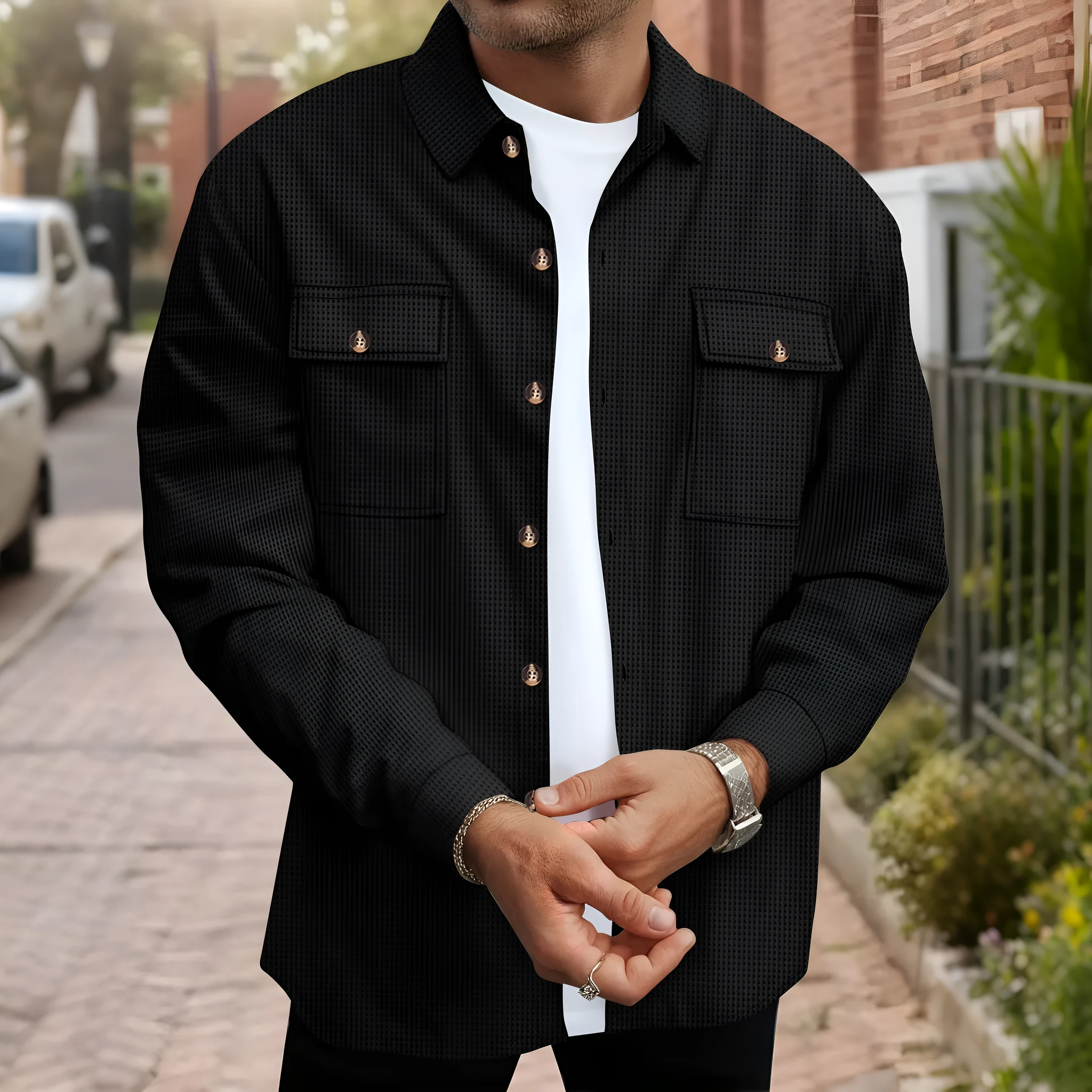 Men's solid colour waffle double pocket button-up long sleeve casual shirt in khaki