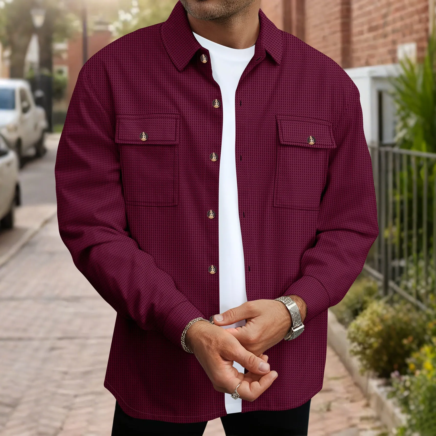 Men's solid colour waffle double pocket button-up long sleeve casual shirt in khaki