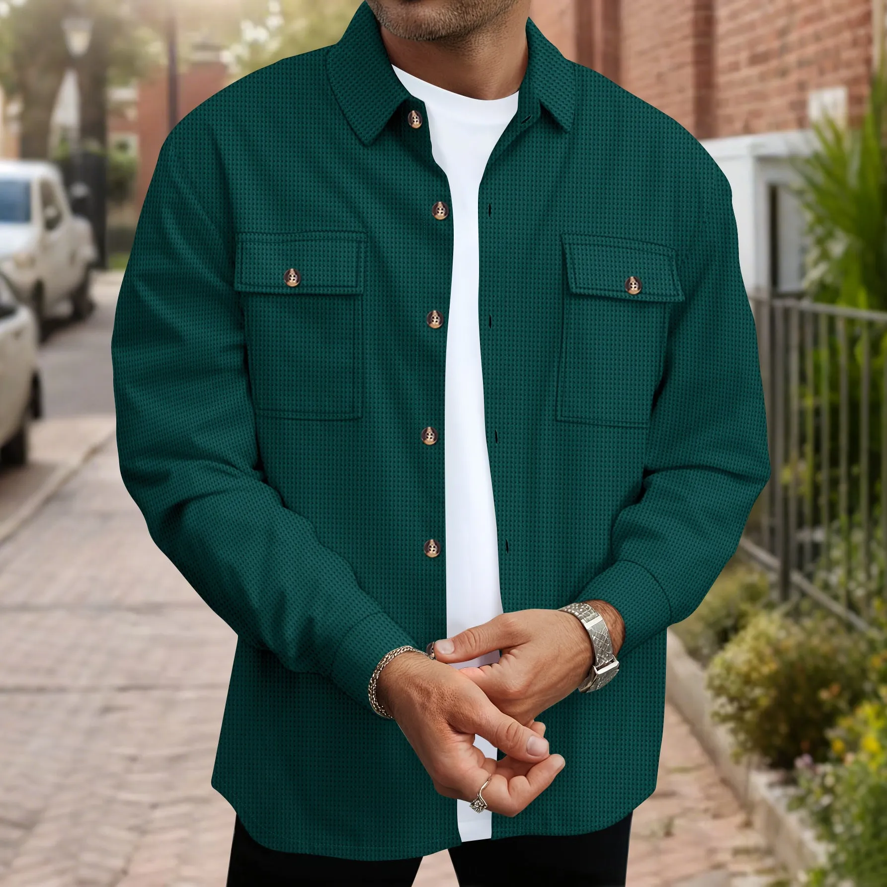 Men's solid colour waffle double pocket button-up long sleeve casual shirt in khaki