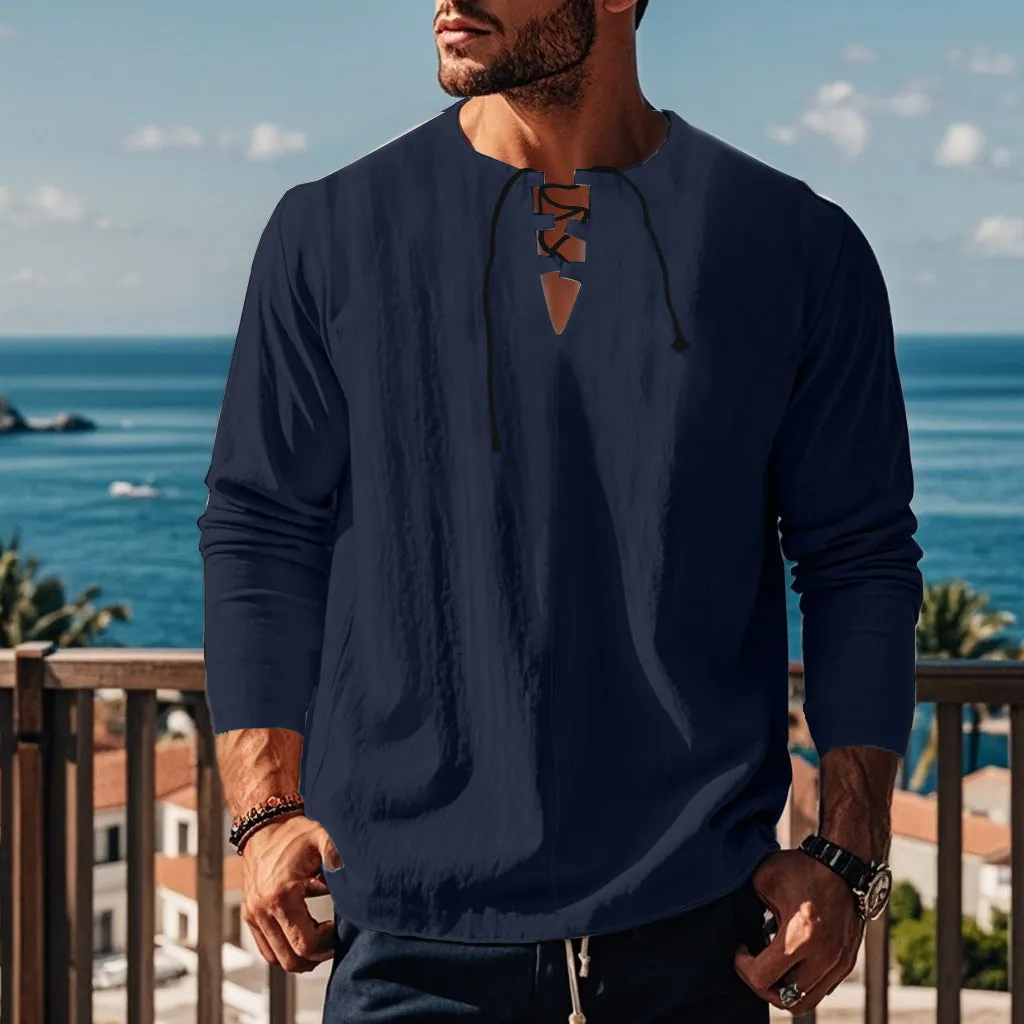Solid colour cotton linen beach ruff shirt in a loose pullover style.