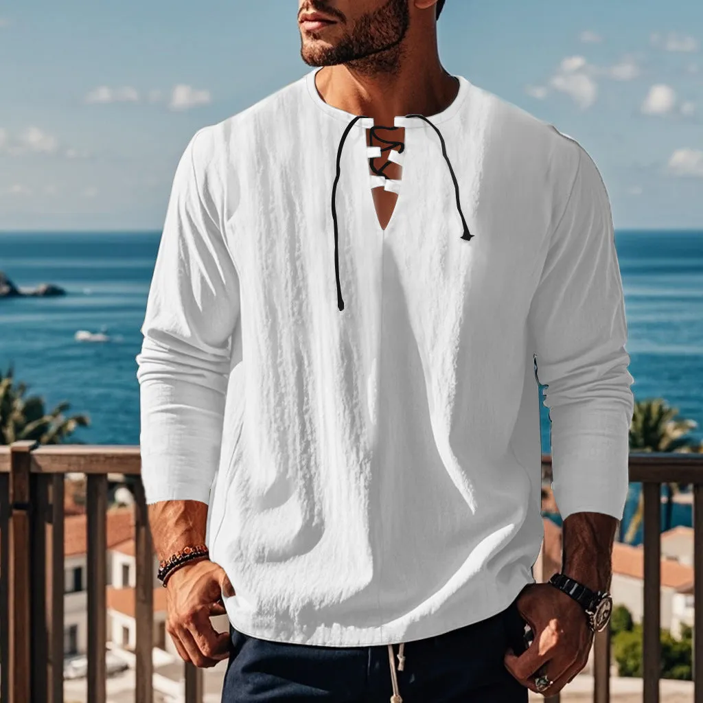 Solid colour cotton linen beach ruff shirt in a loose pullover style.
