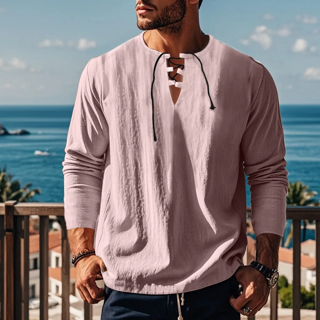 Solid colour cotton linen beach ruff shirt in a loose pullover style.