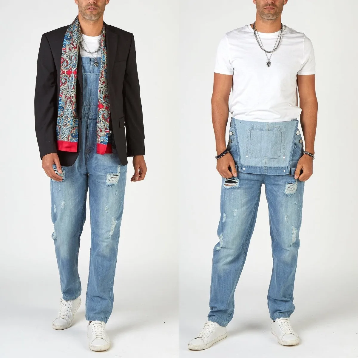 Light blue ripped suspender jeans for men with high waist straight leg retro styling