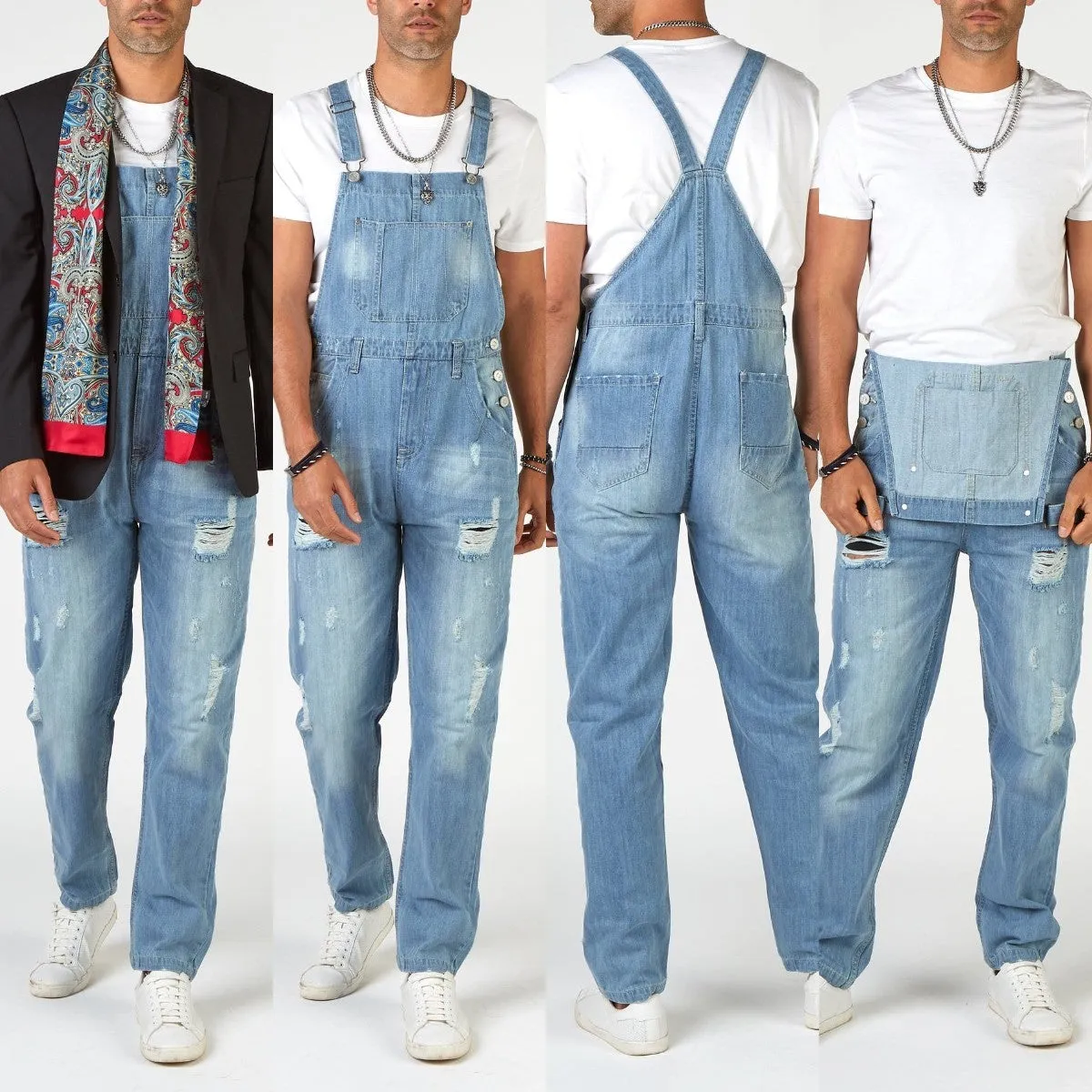Light blue ripped suspender jeans for men with high waist straight leg retro styling