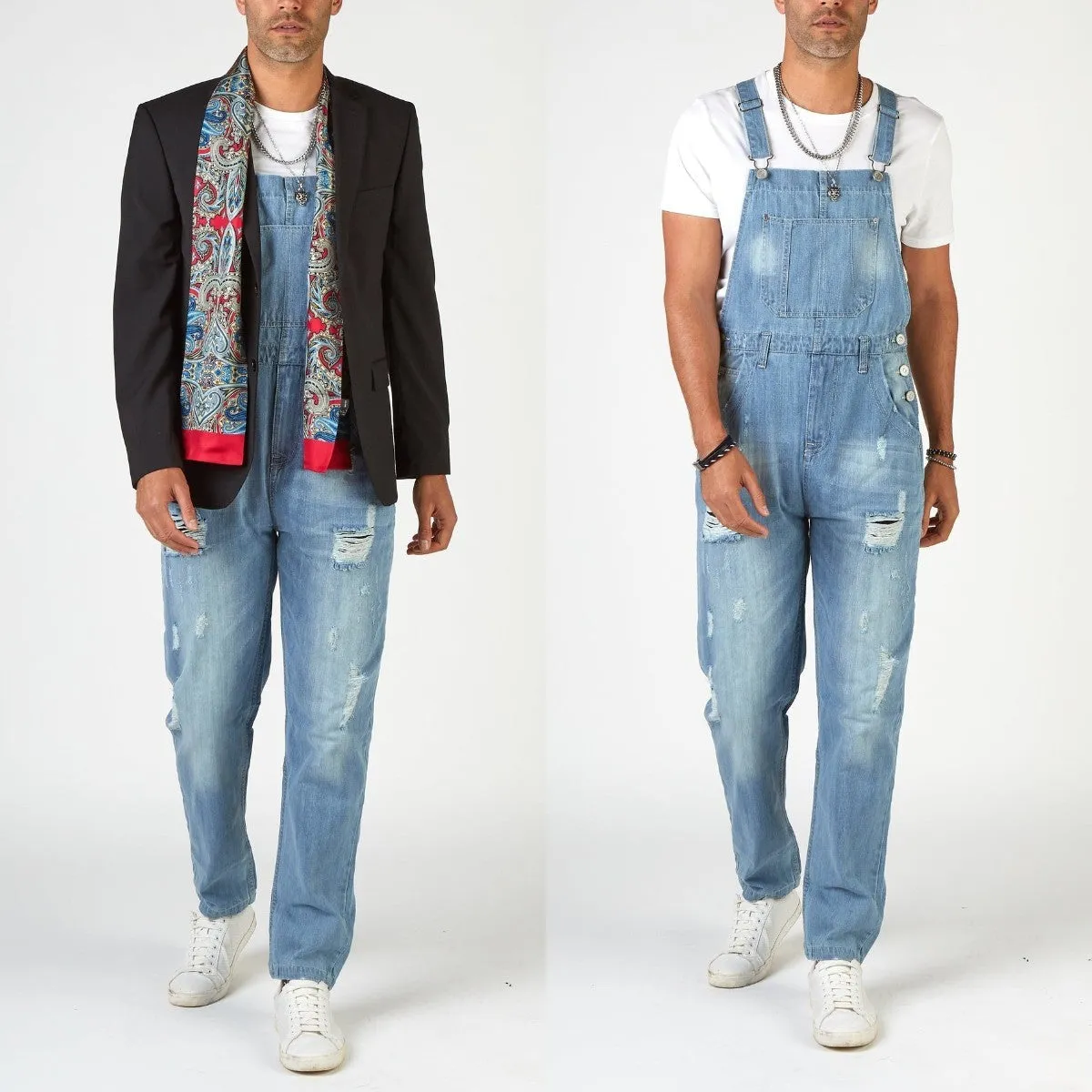 Light blue ripped suspender jeans for men with high waist straight leg retro styling