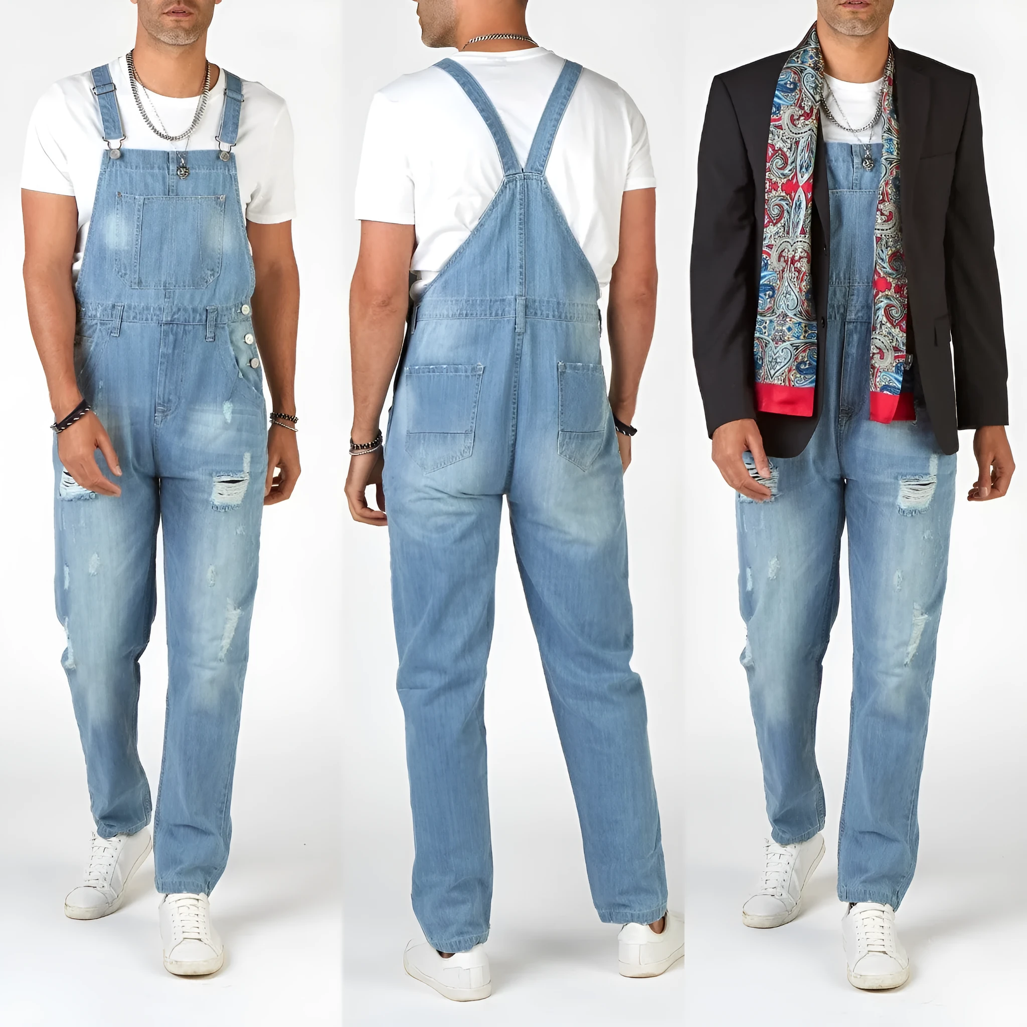 Light blue ripped suspender jeans for men with high waist straight leg retro styling