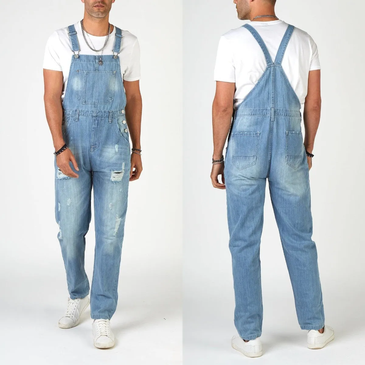Light blue ripped suspender jeans for men with high waist straight leg retro styling