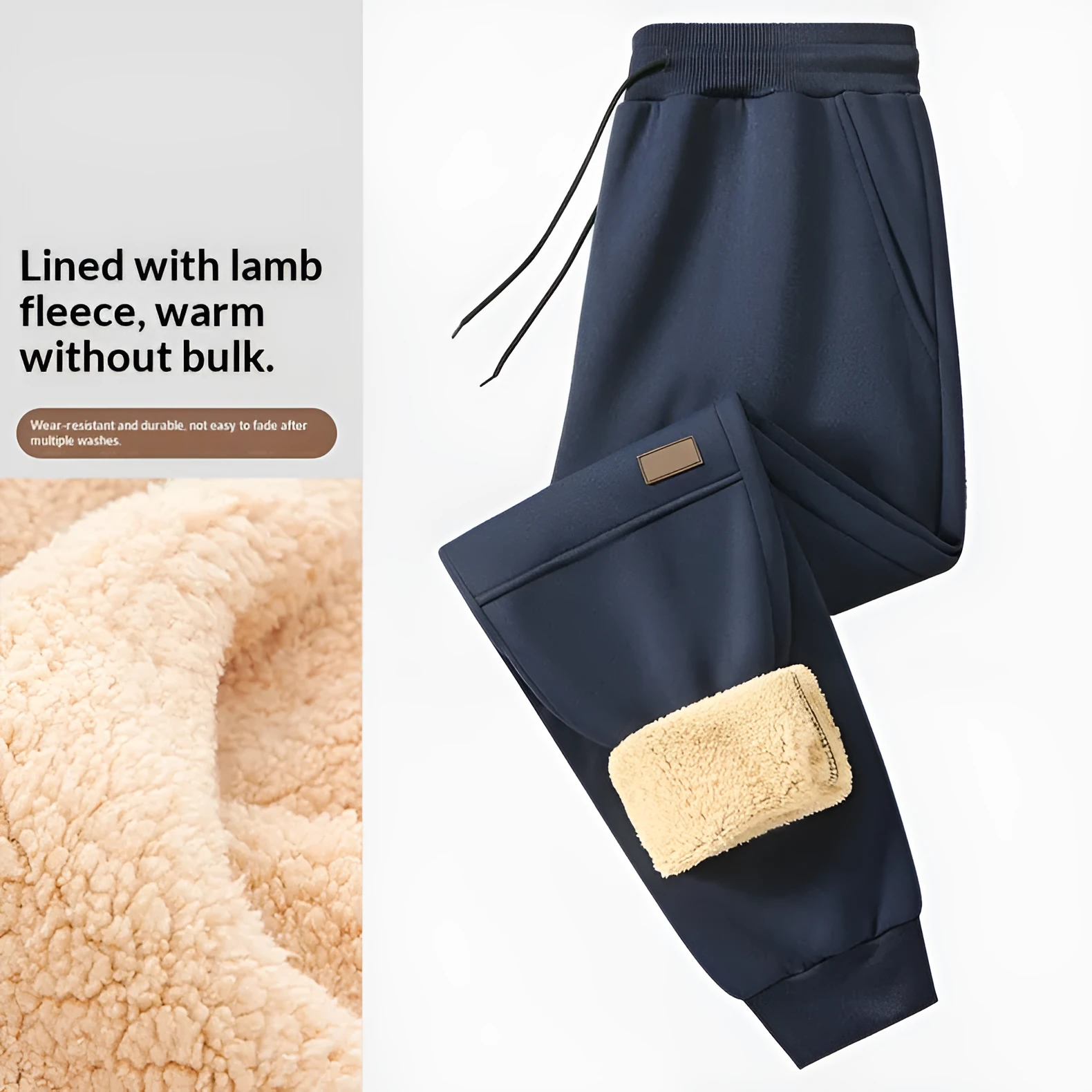 Lamb fleece casual sweatpants for men in solid Gray, Black, and Blue, synthetic blend, mid-rise