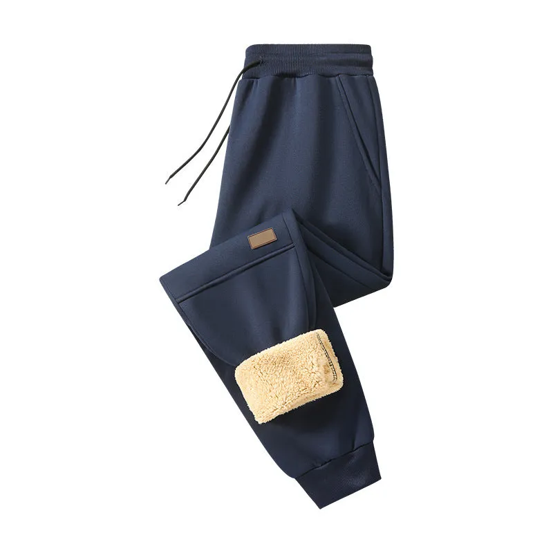 Lamb fleece casual sweatpants for men in solid Gray, Black, and Blue, synthetic blend, mid-rise