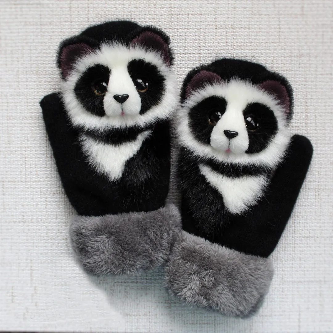 Cartoon animal warm mittens in red colour, 28cm total length, wool-blend fabric for autumn and winter