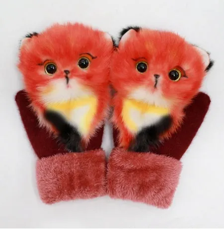 Cartoon animal warm mittens in red colour, 28cm total length, wool-blend fabric for autumn and winter