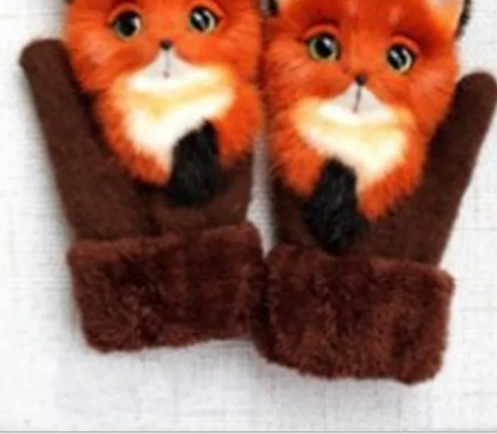 Cartoon animal warm mittens in red colour, 28cm total length, wool-blend fabric for autumn and winter