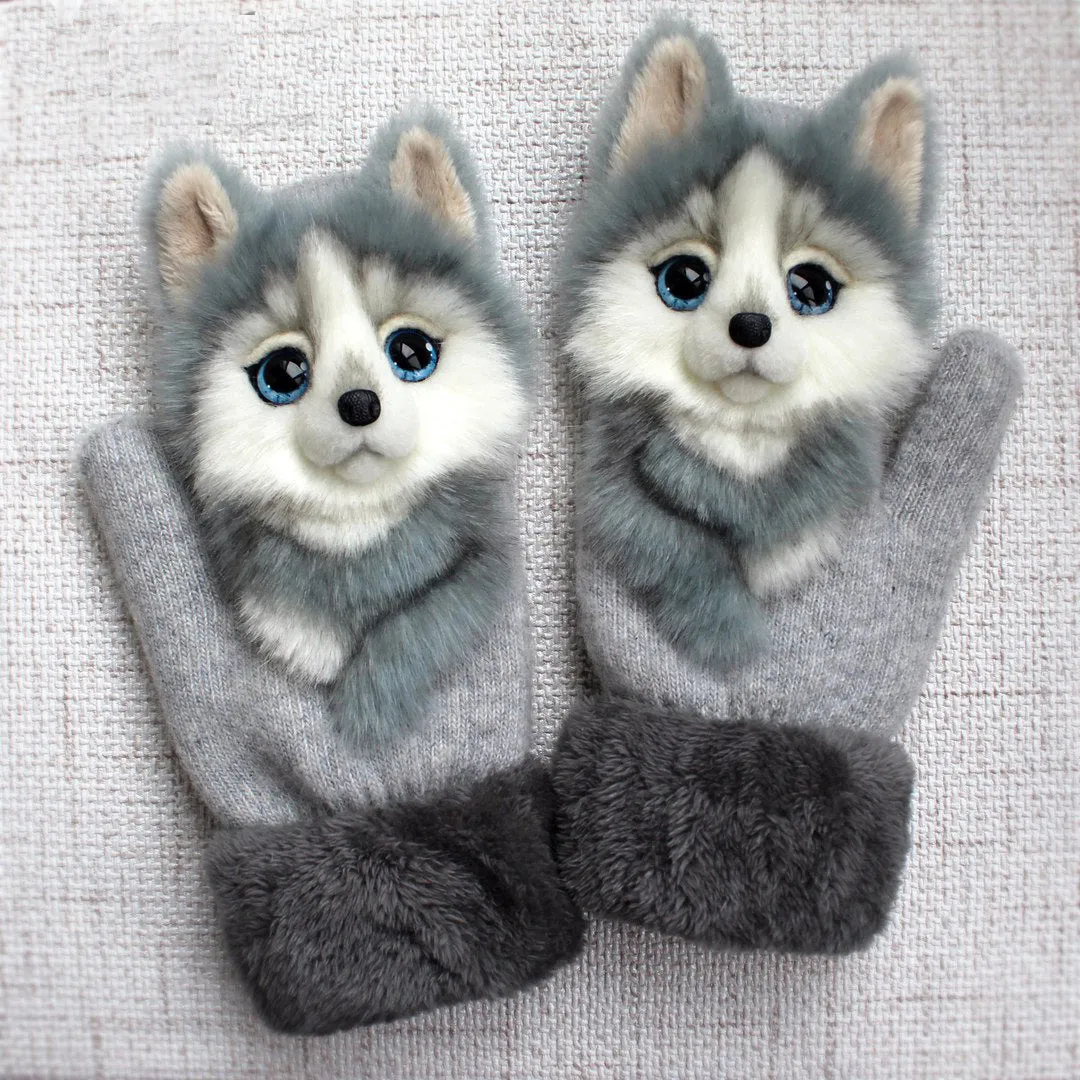 Cartoon animal warm mittens in red colour, 28cm total length, wool-blend fabric for autumn and winter