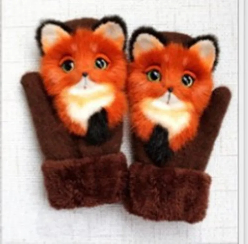 Cartoon animal warm mittens in red colour, 28cm total length, wool-blend fabric for autumn and winter