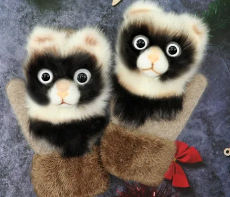 Cartoon animal warm mittens in red colour, 28cm total length, wool-blend fabric for autumn and winter