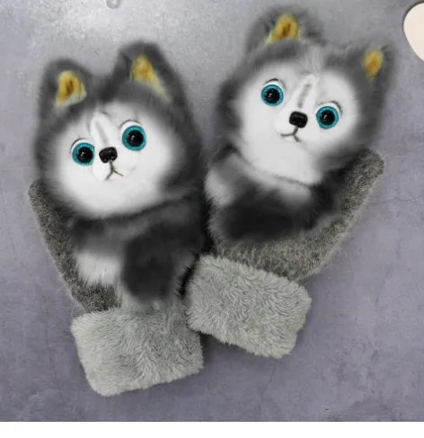 Cartoon animal warm mittens in red colour, 28cm total length, wool-blend fabric for autumn and winter