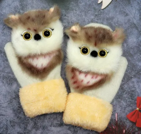 Cartoon animal warm mittens in red colour, 28cm total length, wool-blend fabric for autumn and winter