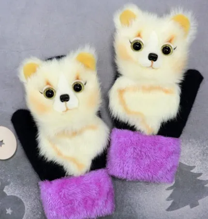 Cartoon animal warm mittens in red colour, 28cm total length, wool-blend fabric for autumn and winter