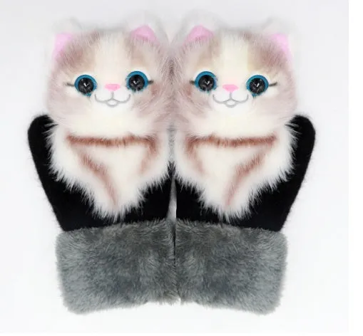 Cartoon animal warm mittens in red colour, 28cm total length, wool-blend fabric for autumn and winter