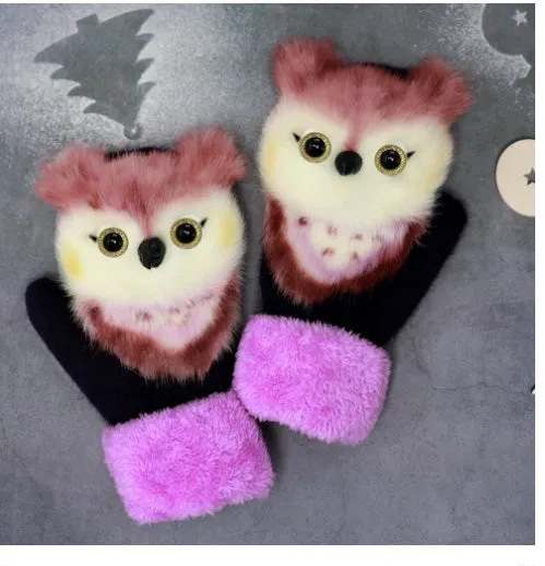 Cartoon animal warm mittens in red colour, 28cm total length, wool-blend fabric for autumn and winter