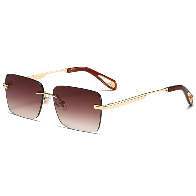 Frameless square retro sunglasses with UV400 protection in gold/tea colour for men and women